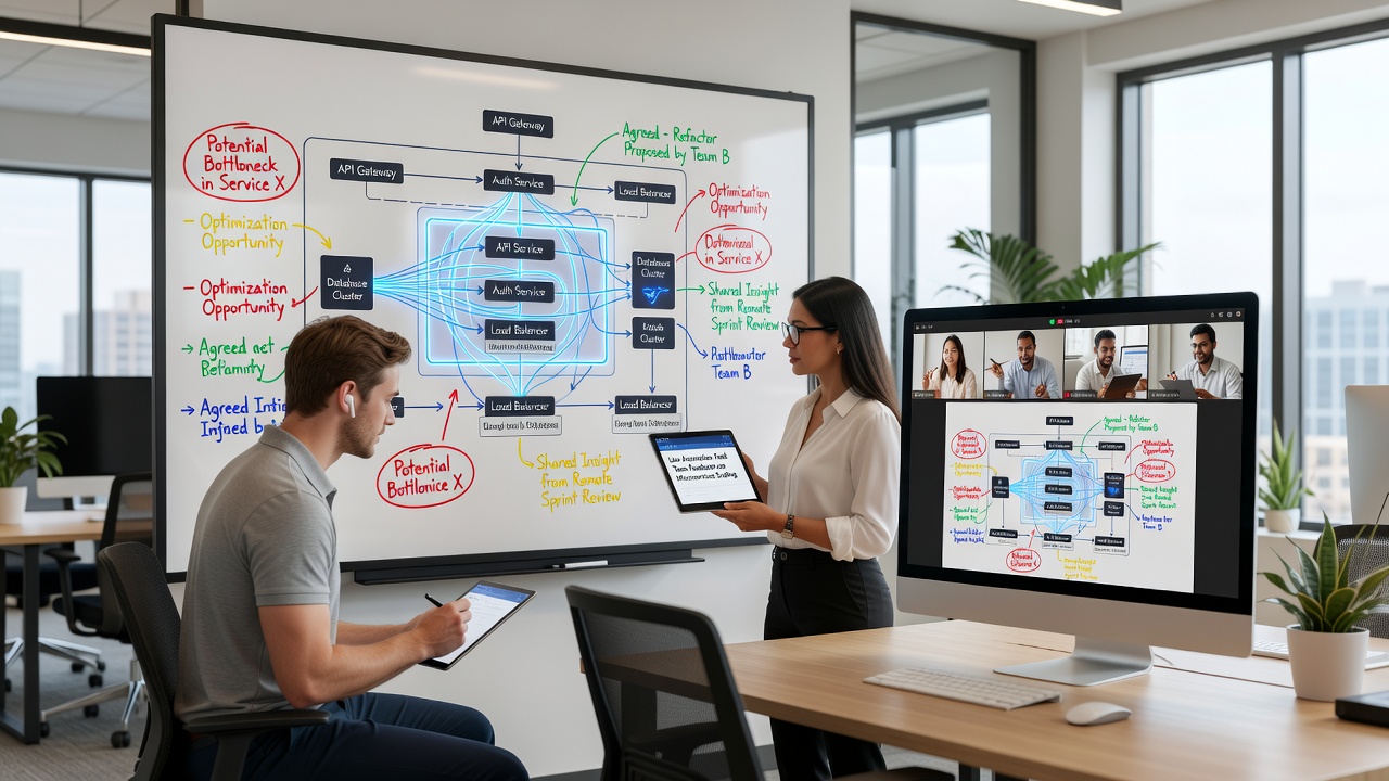 Annotated engineering schematics displayed on multiple screens during a virtual team review
