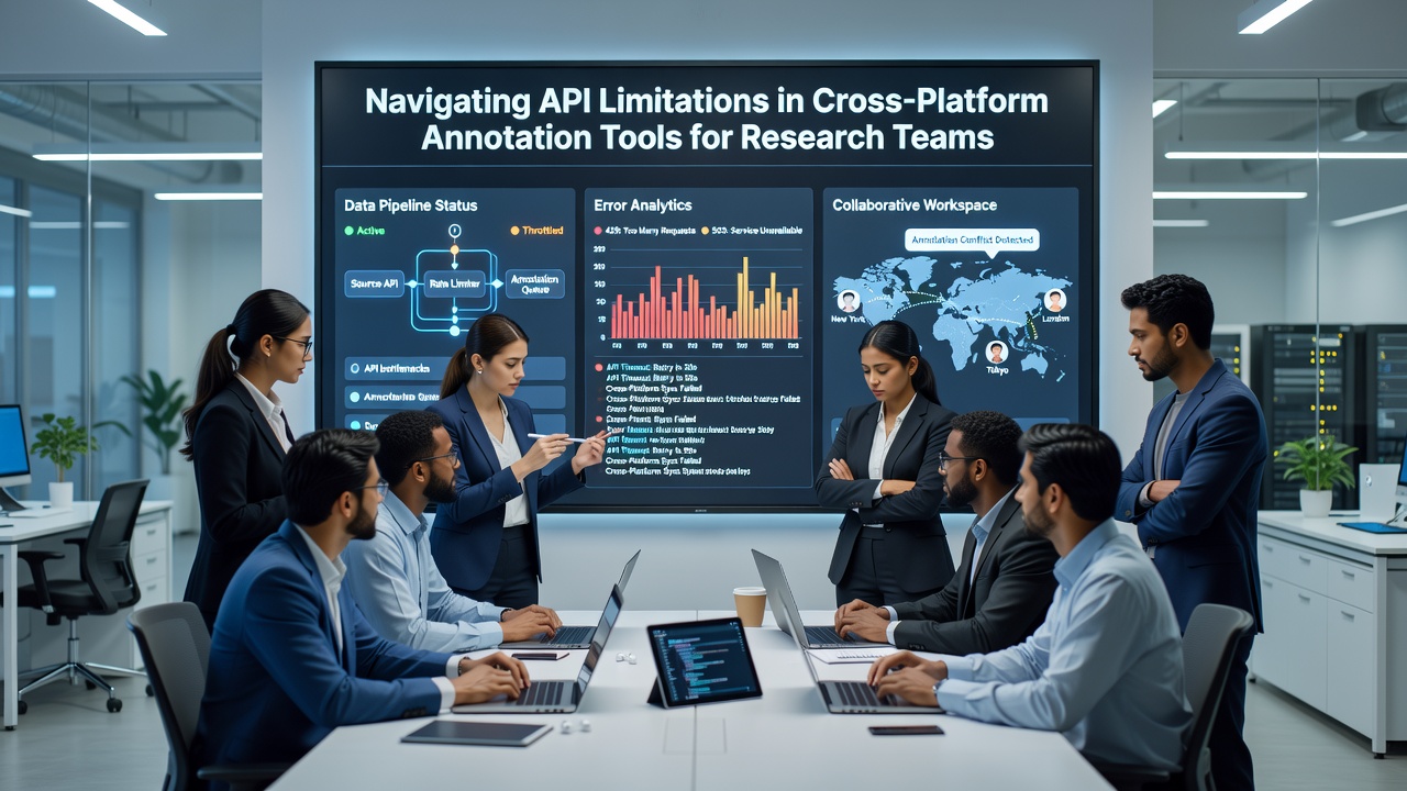 Team members reviewing API logs and annotation synchronization metrics on multiple monitors